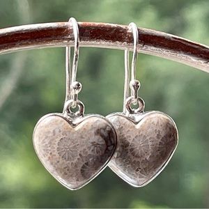 Indonesian “Prehistoric” Fossil Coral Heart Shaped Sterling Silver Earrings